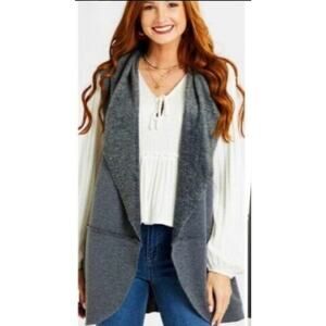 Dark Academia Women's M Gray Fleece Vest Open Waterfall Front Preppy Modern